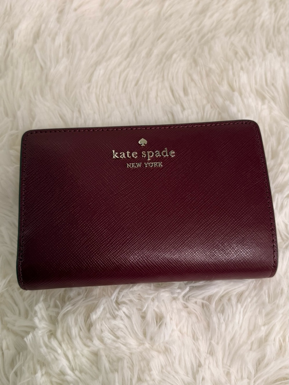 kate spade Burgundy Saffiano Leather Card Holder Wallet with Gold Logo